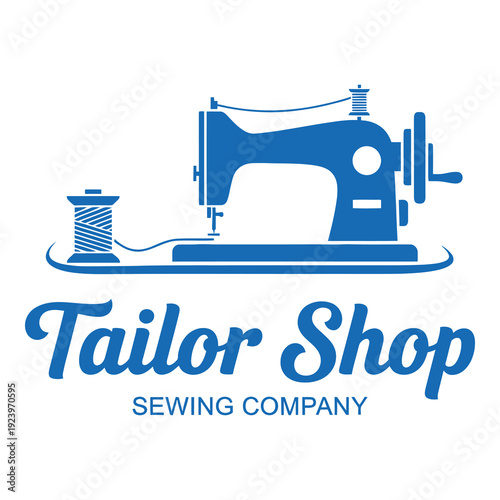 Blue sewing machine and spool of thread logo for tailor shop company icon