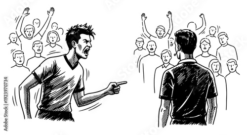 Angry soccer player arguing with the referee in front of crowd during match