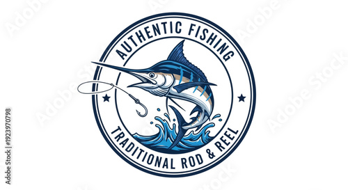Authentic Fishing Logo Traditional Rod and Reel with a Marlin.