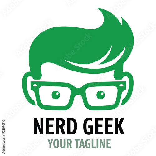 Green nerd geek character with glasses and hairstyle template icon