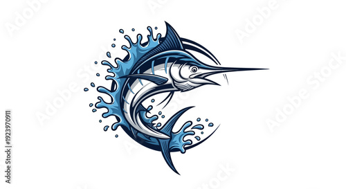 Striking illustration of a leaping marlin fish with water splashes vibrant design.