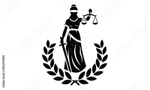 Blindfolded Lady Justice with Scales and Sword in Laurel Wreath