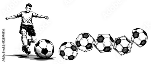 Vintage hand drawn illustration of a soccer player kicking a ball during a match
