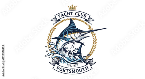 Elegant Yacht Club Emblem Featuring a Swordfish and Waves in a Circular Design.