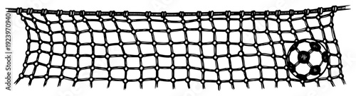 Sketch of a soccer ball hitting the goal net during a football game scoring a point