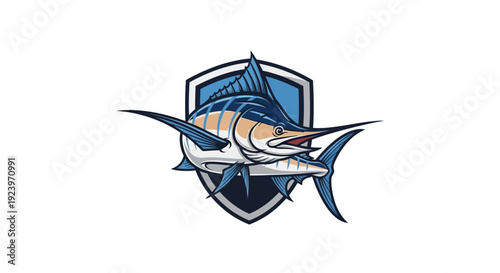 Striking Blue Marlin Fish Emblem on Shield Representing Strength and Power.