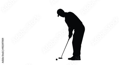 Golfer in mid swing focused on the ball black silhouette