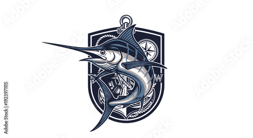 Detailed illustration of a marlin fish with a nautical shield design.