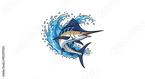 Majestic marlin leaps through ocean waves showcasing aquatic power and grace in vibrant illustration.