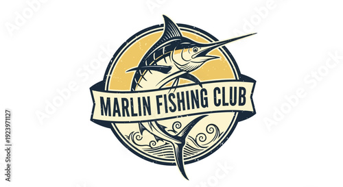 Marlin Fishing Club Logo Depicting a Striking Fish in a Circular Emblem.