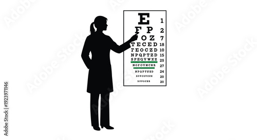 Woman points to eye chart during vision test black silhouette