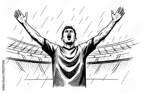 Emotional football fan cheering with arms outstretched in a rainy stadium arena