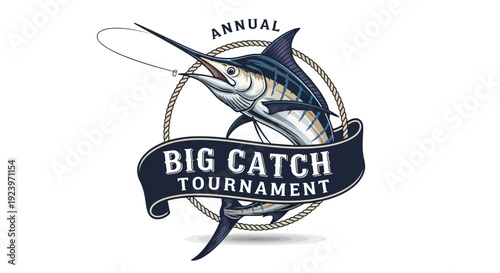 Annual Big Catch Tournament logo featuring a marlin fish in action fishing competition.