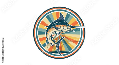 Striking illustration of a marlin fish leaping with vibrant retro design.