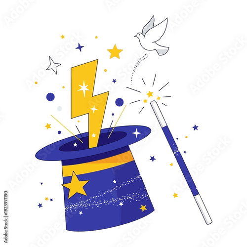 A blue magic hat with a yellow lightning bolt and magic wand