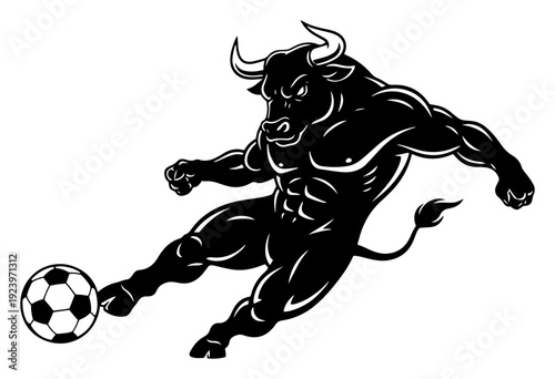 Powerful muscular bull mascot character kicking a soccer ball with energy