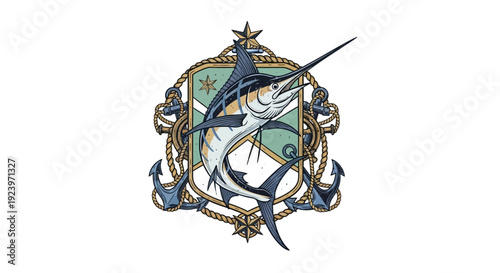 Elegant emblem featuring a marlin fish anchors and nautical elements perfect for marine themes.
