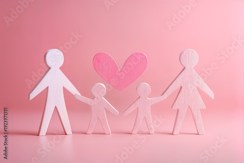 Paper Family Figures Holding Hands with Heart Symbol on Pink