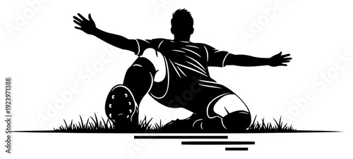 Dynamic black and white silhouette of soccer player sliding on grass field