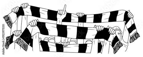 Many hands holding up striped football scarves in a stadium during a cheering celebration