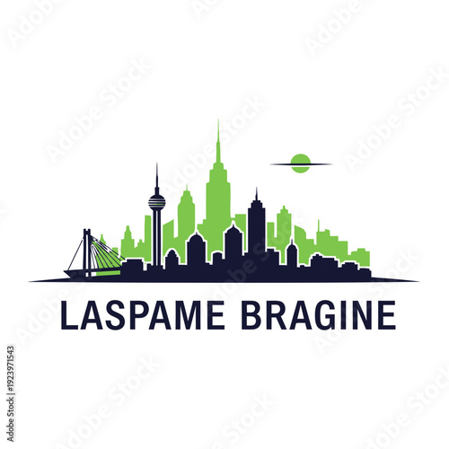 City skyline with a tower and a green spaceship