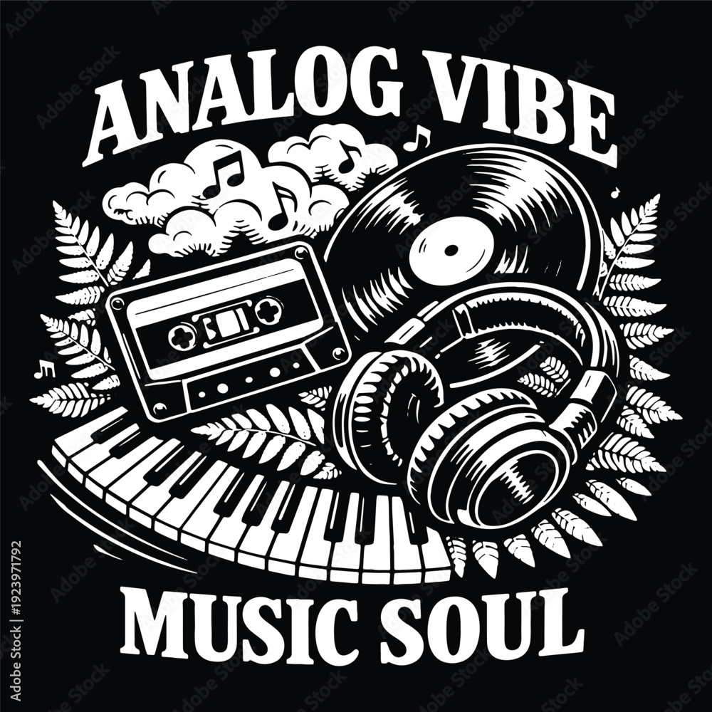 Obraz premium Analog Vibe Music Soul Vector Illustration Featuring Vinyl Record Cassette Tape and Headphones in a Detailed Woodcut Graphic Style