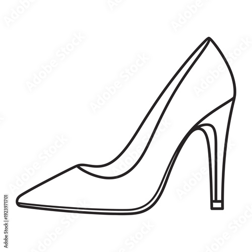 A black and white drawing of a high heeled shoe