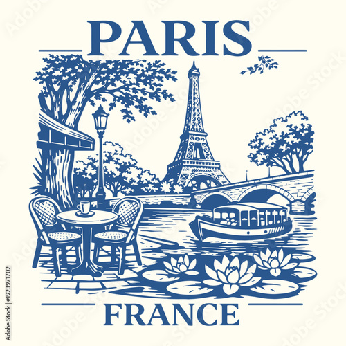 Paris France Street Cafe Vector Illustration Featuring Eiffel Tower River Seine and Outdoor Seating in a Classic Woodcut Style