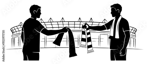 Two soccer fans exchanging or showing team scarves outside a football stadium building