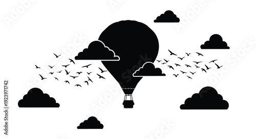 A black hot air balloon ascends among clouds and birds silhouette