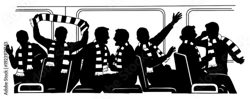 Group of football supporters with striped scarves cheering and singing inside a transport bus