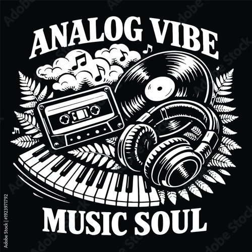 Analog Vibe Music Soul Vector Illustration Featuring Vinyl Record Cassette Tape and Headphones in a Detailed Woodcut Graphic Style