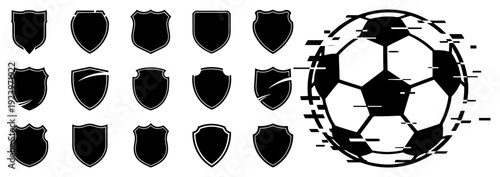 Set of sports shield emblems and glitched soccer ball for digital team logos