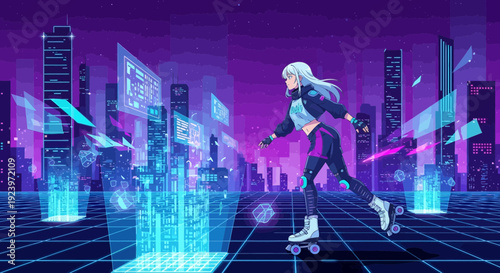 Young woman roller skating in a futuristic cyberpunk city.