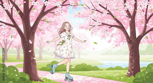 Young woman roller skating in a park enjoying the spring day.