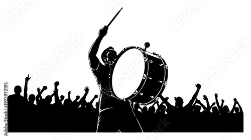 Soccer fan silhouette playing a big drum to support the team among cheering crowd