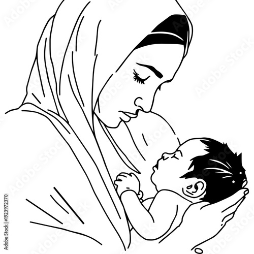 A touching line art illustration of a loving Muslim mother tenderly cradling her newborn, symbolizing maternal warmth, devotion, and the profound bond of new parenthood