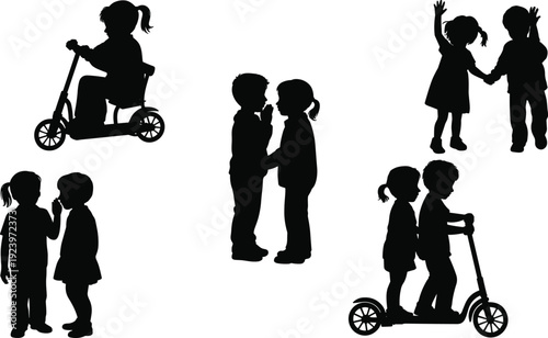Silhouettes of children engaged in various activities including riding scooters, whispering secrets, and holding hands, against a white background