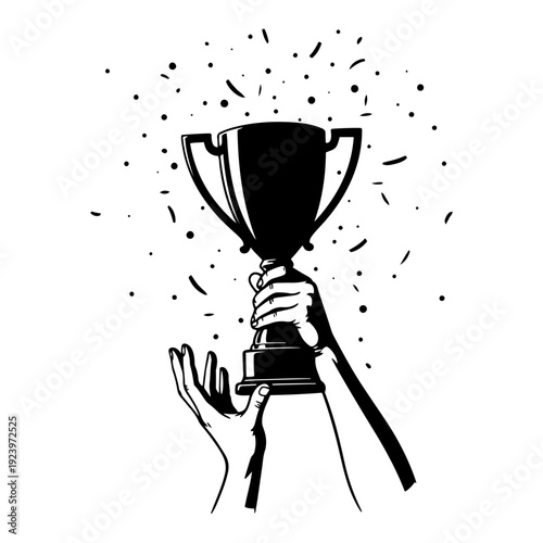 Winner hands holding up a championship trophy cup during celebration with confetti