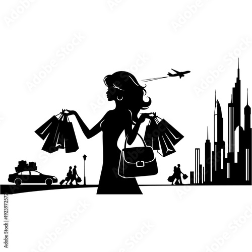 Fashionable woman silhouette enjoying a shopping spree in a bustling city, featuring an urban skyline, car with luggage, and airplane, symbolizing modern lifestyle and retail