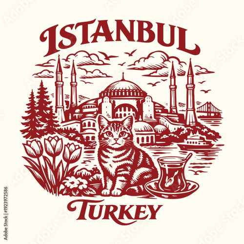 Istanbul Turkey City Landmark Vector Illustration Featuring Hagia Sophia a Turkish Van Cat and Tea Glass in a Classic Woodcut Style