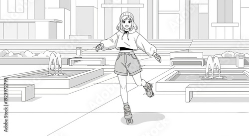 Young woman roller skating with confidence and style.