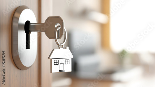 Silver key with house shaped keychain in wooden door lock close up house key house keychain