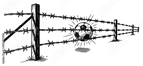 Soccer ball stuck in a barbed wire fence representing obstacles or boundary in sport illustration