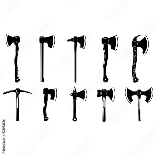 Collection of various ax and axe head designs, emphasizing industrial and historical tool representations