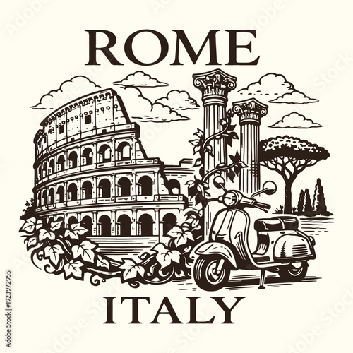 Rome Italy City Landmark Vector Illustration Featuring Colosseum Vespa Scooter and Roman Columns in a Detailed Linocut Graphic Style