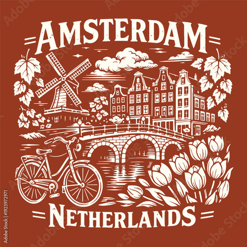 Amsterdam Netherlands City Landmark Vector Illustration Featuring Windmill Canal Houses and Bicycle in a Detailed Woodcut Style