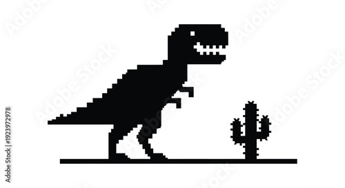 Pixelated dinosaur running past a cactus a striking silhouette
