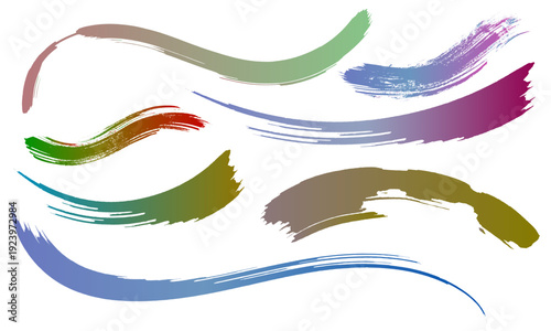 Colorful abstract paint brush strokes collection. Vector set of gradient watercolor or acrylic smears and artistic curved lines isolated on white background.

