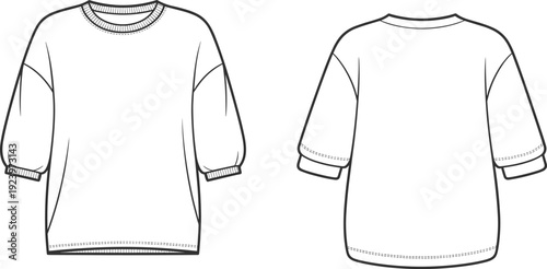 Technical flat of a women's oversized short-sleeve t-shirt, showing front and back views with gathered sleeves and ribbed cuffs and hem